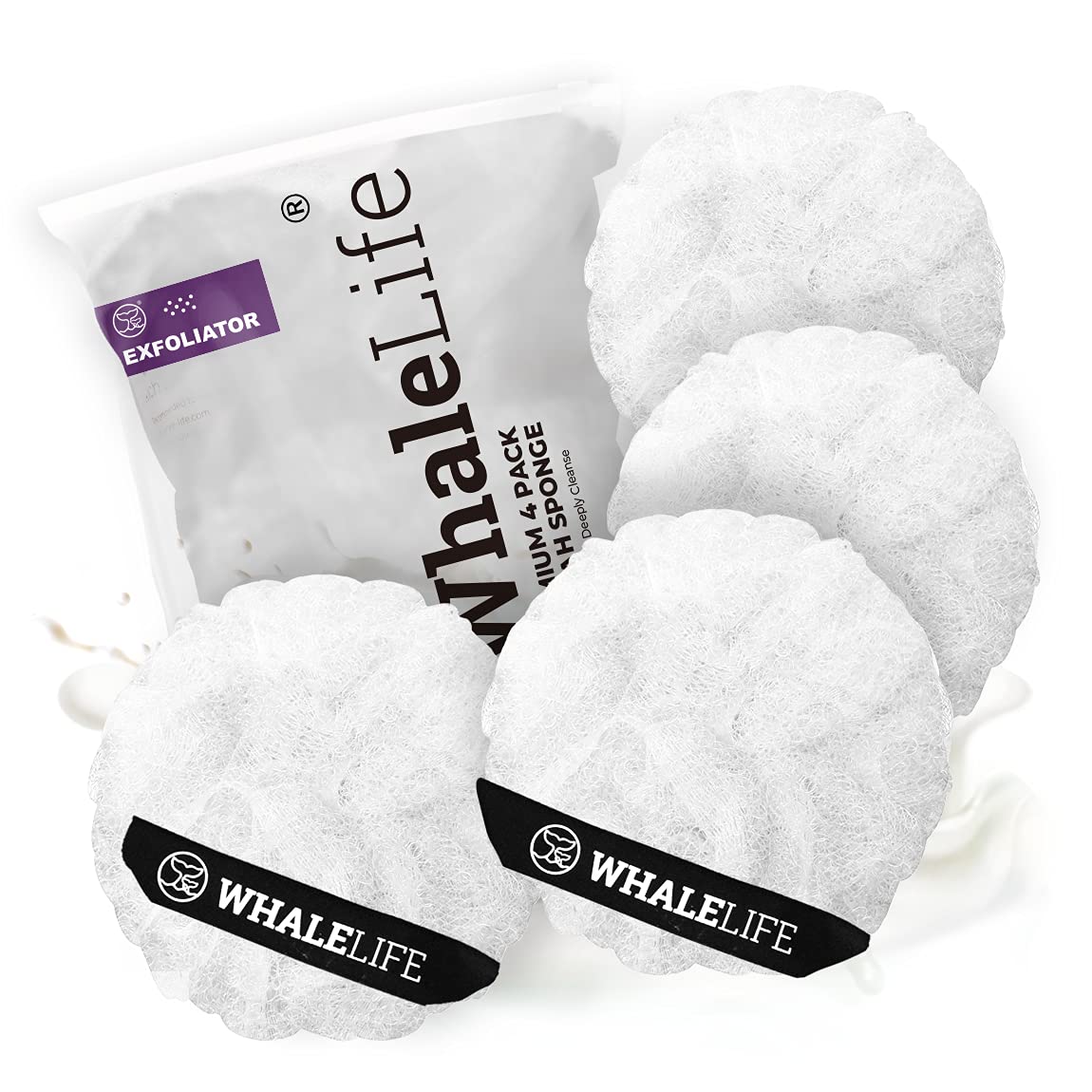 Whalelife Loofah Sponge Bath Sponge For Women & Men, Pure White, 4 Pack, Rough Surface