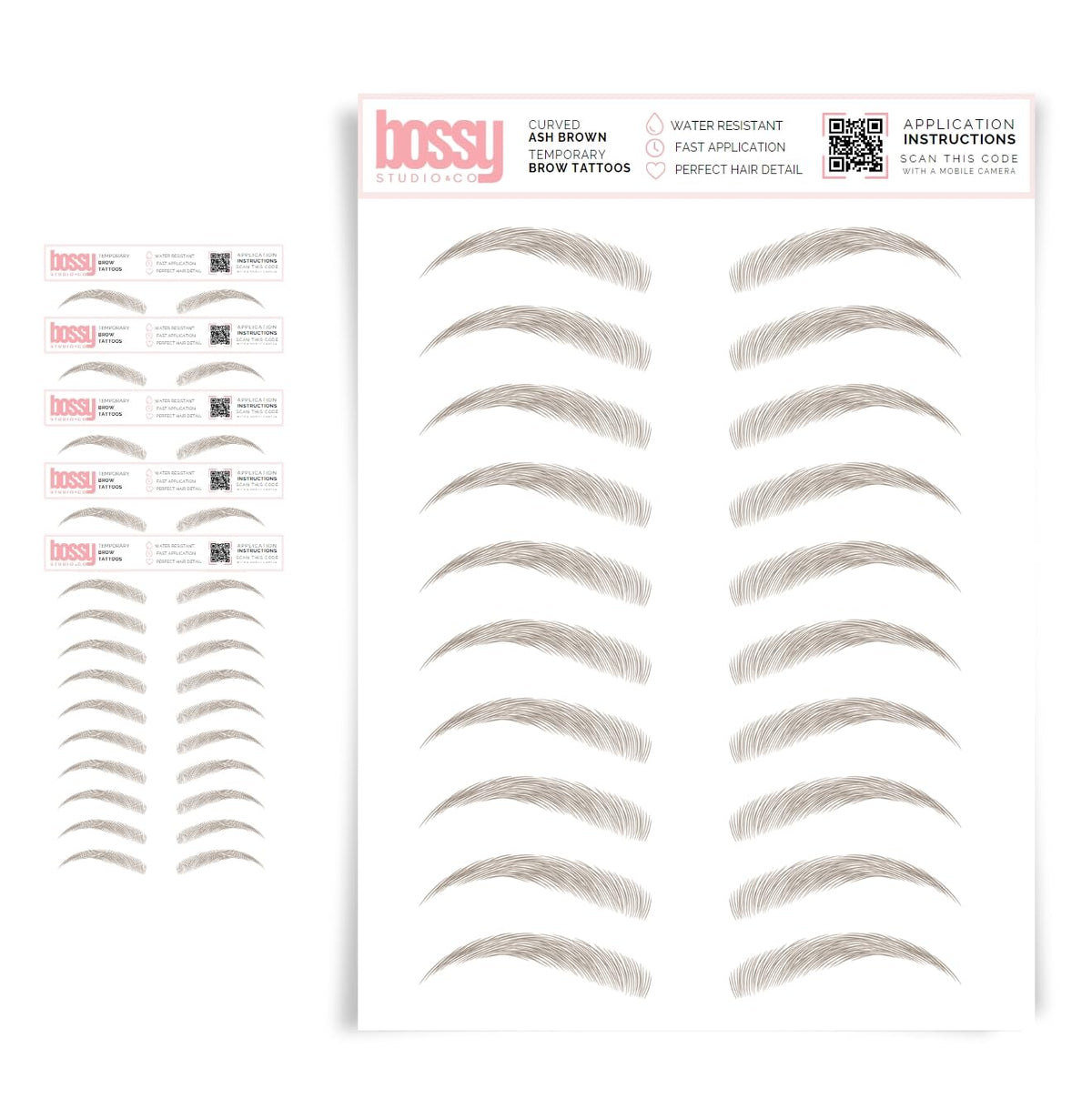 Brows By Bossy 5 Pack Waterproof Eyebrow Tattoos - Curved Ash Brown, Instant Transfer For All Users