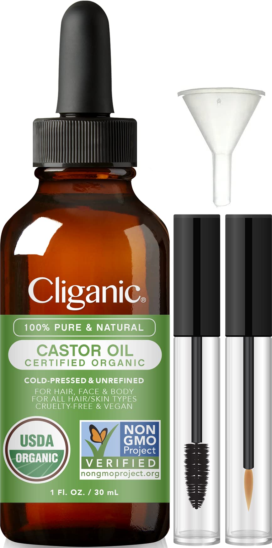 Cliganic Organic Castor Oil 1Oz With Eyelash Kit - Pure Oil For Hair, Skin, Eyelashes & Brows