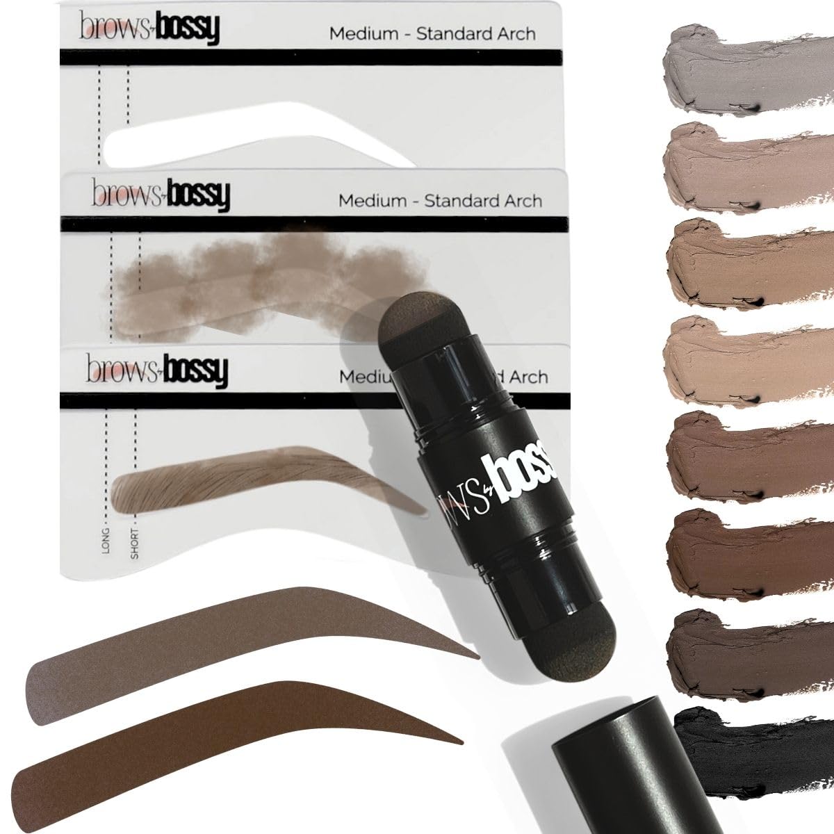 Brows By Bossy Dual-Color Eyebrow Stamp Kit With 9 Reusable Stencils - Medium Brown Tint