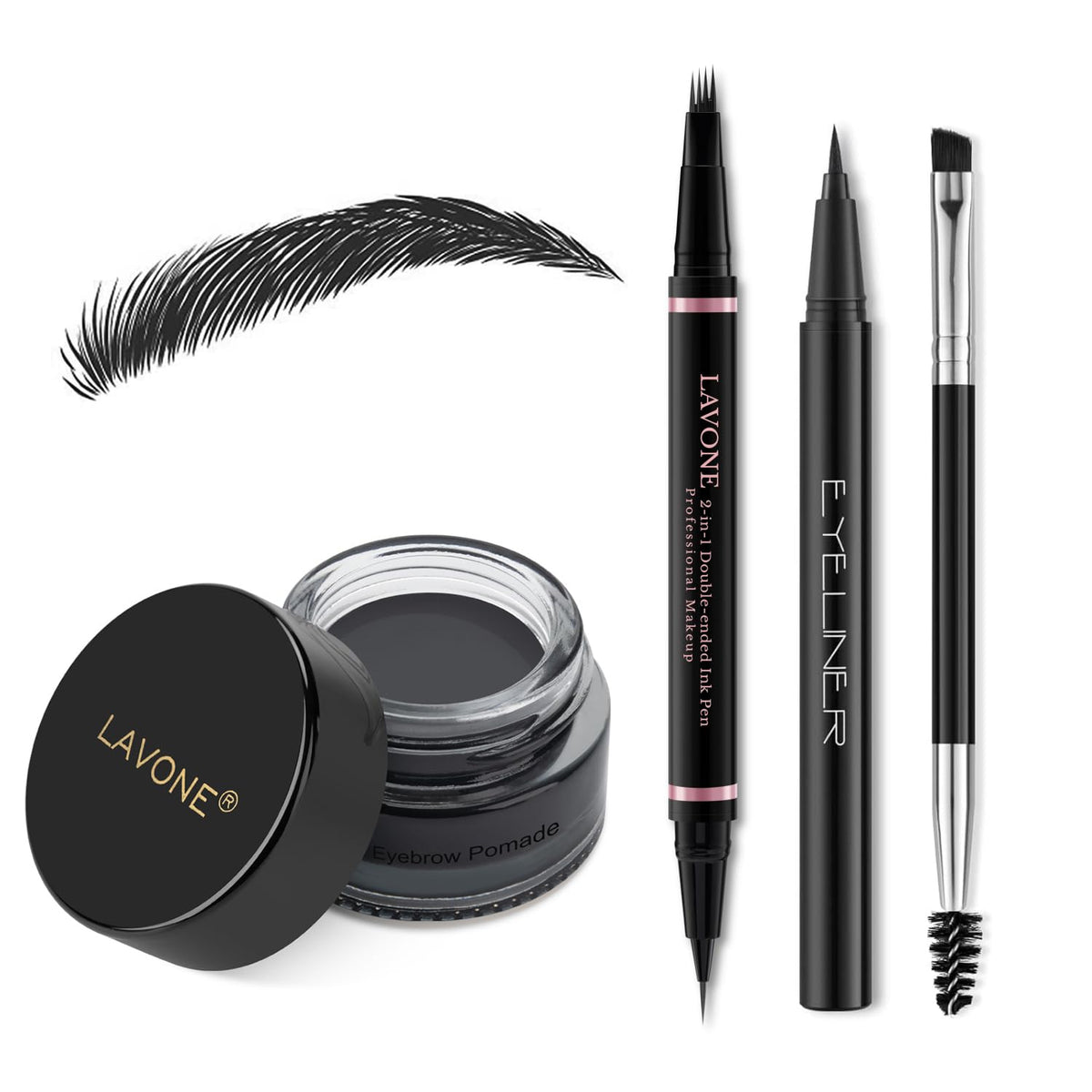 Lavone Eyebrow Pencil Kit - Waterproof 2-In-1 Microblading Pen, Pomade, Brush - Black