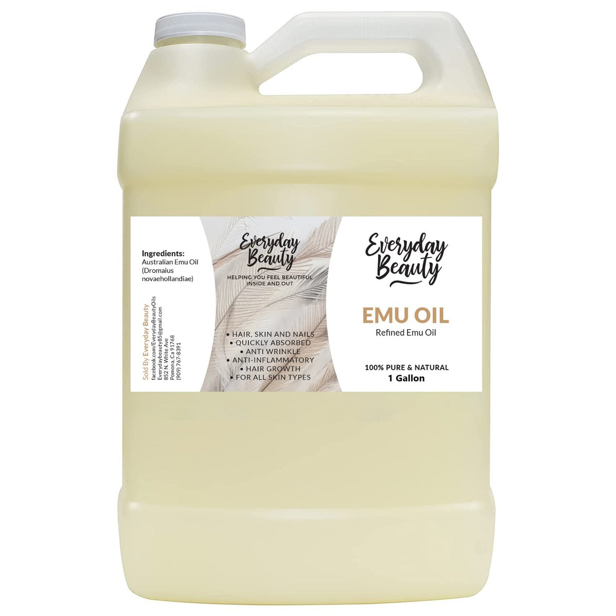 Everyday Beauty Emu Oil Bulk - 1 Gallon Pure Refined For Skin, Hair & Scars - Omega 3, 