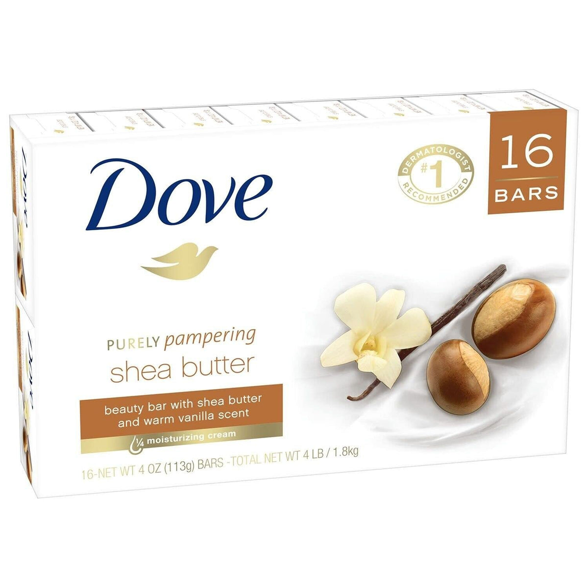 Dove Purely Pampering Shea Butter Bar Soap, Warm Vanilla, 64 Oz, White, Pack Of 1