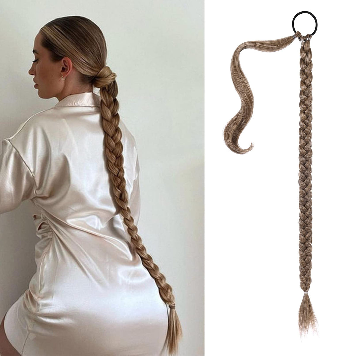 Seikea 34&quot; Long Braided Ponytail Extension - Dark Ash Blonde Synthetic Hair Piece With Tie