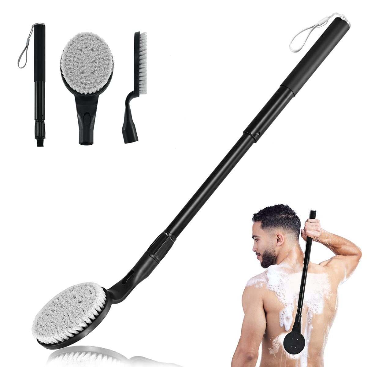 Gobiteli 25.7&quot; Back Scrubber For Shower - Long Handle Bath Brush For Men & Women, Black Metal