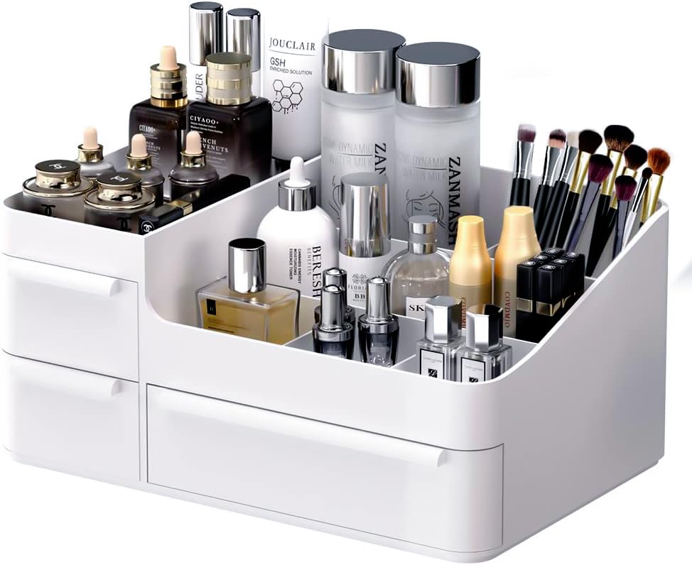 Chancetsui White Makeup Organizer With Drawers, Vanity Holder For Lipstick & Brushes