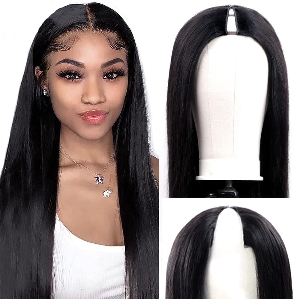 Amznlady 30 Inch V Part Wig - Straight Brazilian Virgin Human Hair, Glueless, 180% Density, Natural Color