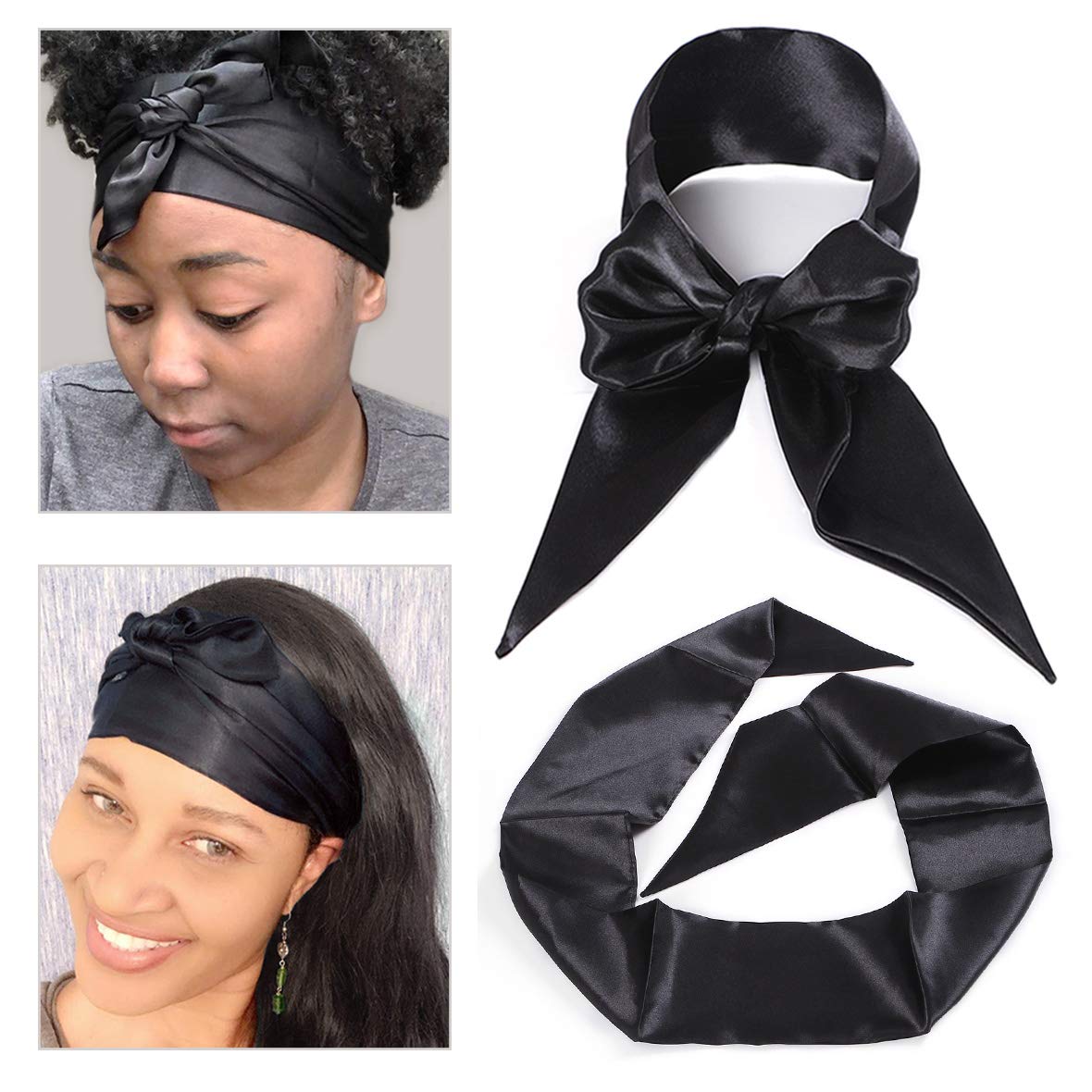 Leeven Black Satin Wig Grip Band Scarf for Lace Frontal Wigs - Non-Slip Hair Wrap, 4.5&quot;x54