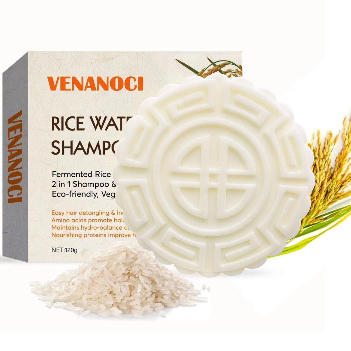 Venanoci Rice Water Shampoo Bar - 2-In-1 Vegan Conditioner, Anti-Hair Loss, All Hair Types