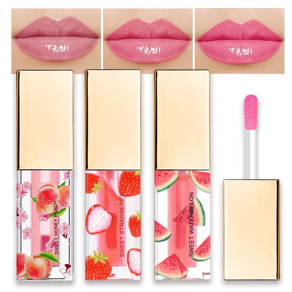 Bingbrush Color Changing Lip Gloss Set - 3 Tints: Peaches, Strawberry, Watermelon, Long-Lasting Balm