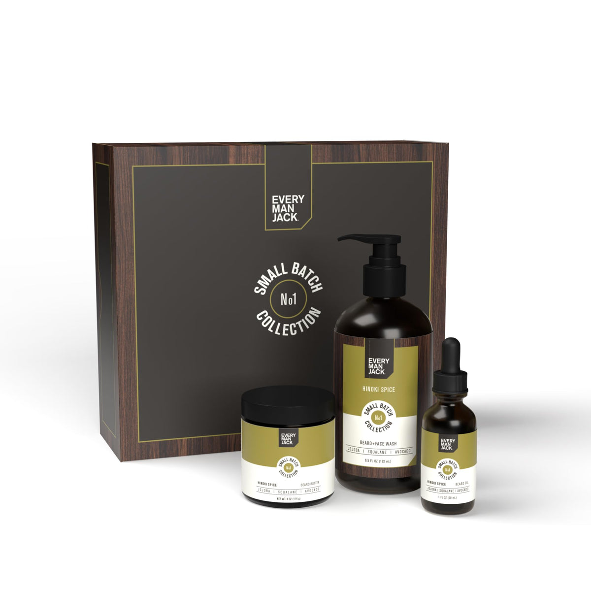 Every Man Jack Small Batch Beard Set - Hinoki Spice, Beard Wash, Oil & Butter - 3 Piece Set