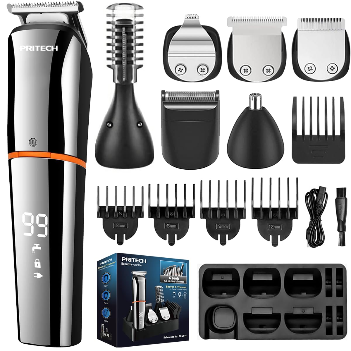 Pritech 6-In-1 Beard Trimmer Kit For Men, Waterproof Electric Grooming Set, Silver