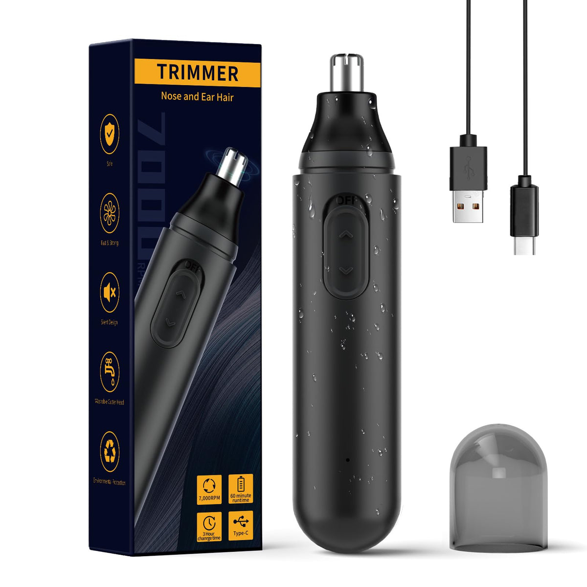 Ginity Painless Usb Rechargeable Ear And Nose Hair Trimmer, Ipx7 Waterproof, Black