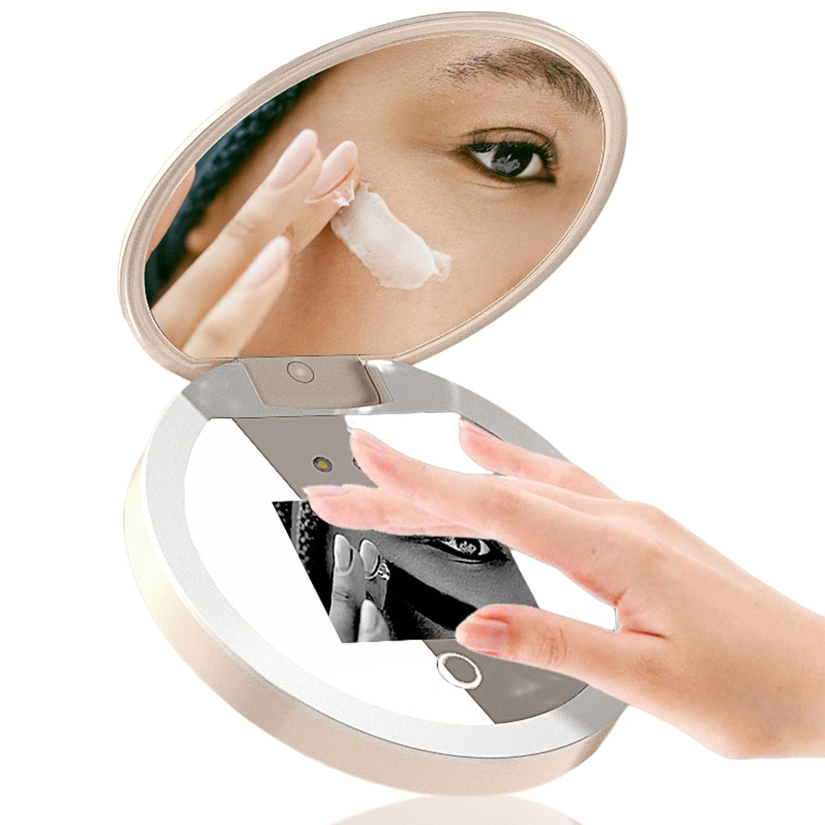 Diyeeni Compact Mirror With Uv Camera, 2X Magnification, Portable Lighted Makeup Mirror, 3.5&quot;