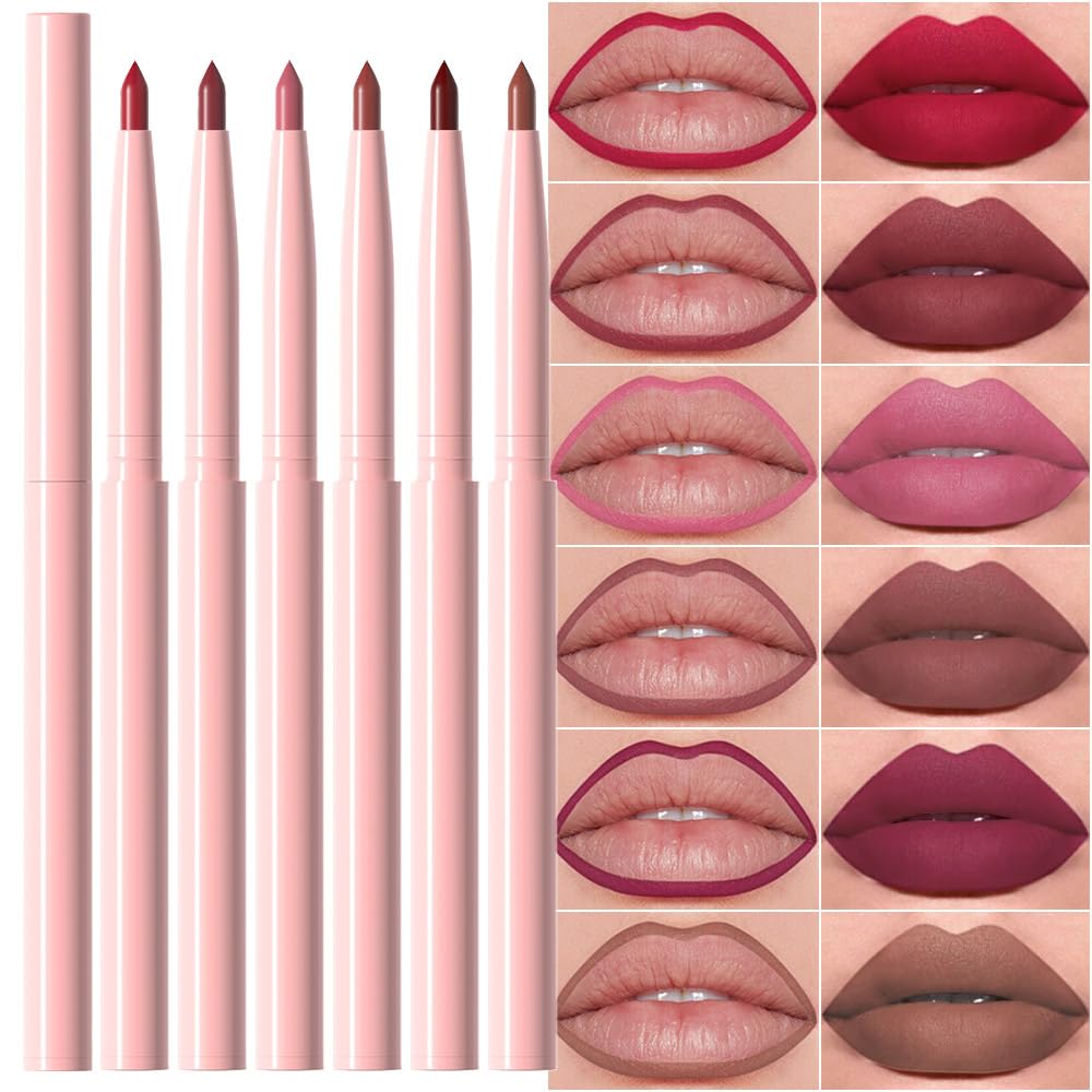 Suake 6 Pcs Nude Brown Beige Lip Liner Set - Waterproof, Easy Apply & Remove For Daily Makeup