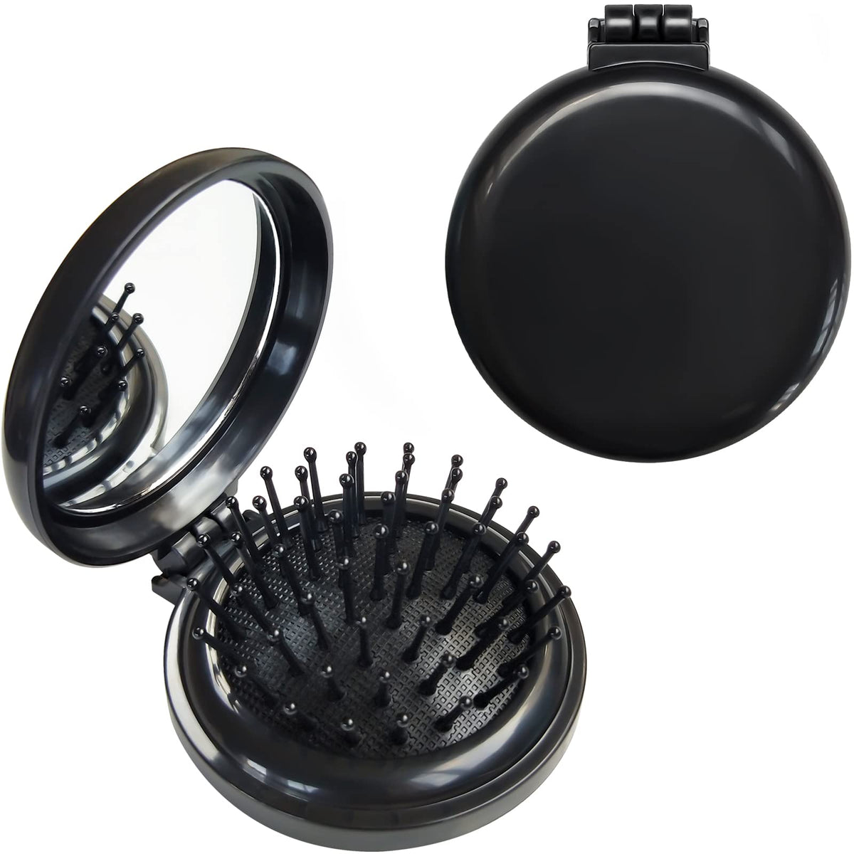 Sportmore Folding Hair Brush With Mirror - Compact Travel Comb For Girls & Women, Black