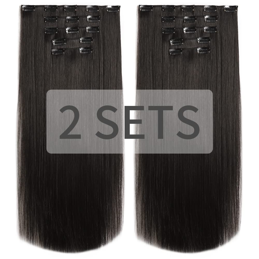 Hspjhtm 22&quot; Black Clip-In Hair Extensions - 5 Pcs Synthetic Long Straight Thick Hair Pieces