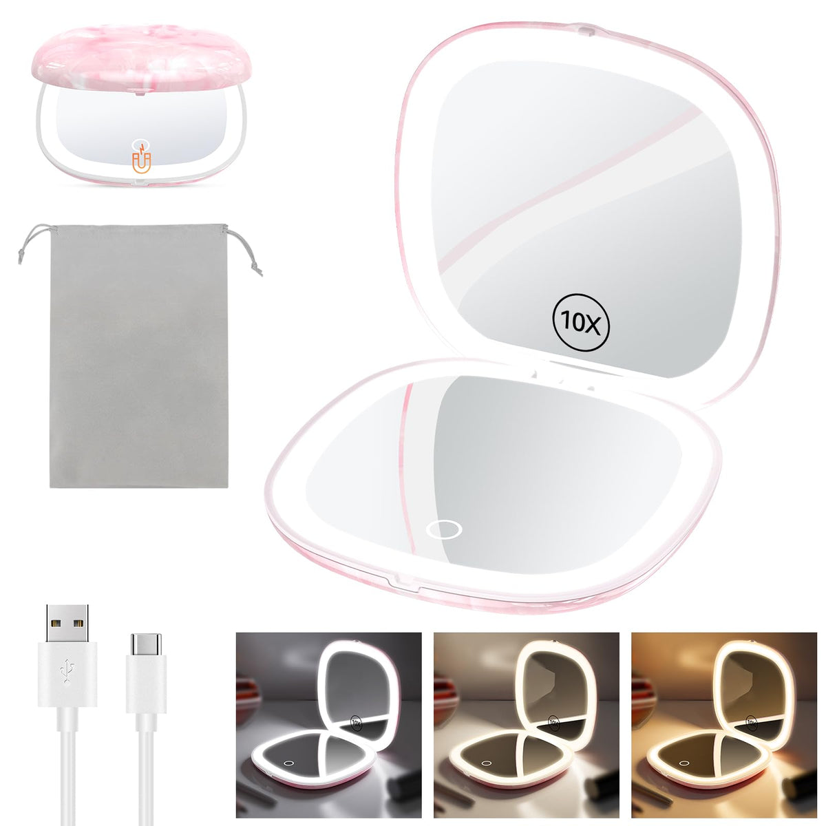 Benbilry 3.9&quot; Rechargeable Led Makeup Mirror, 1X/10X Magnification, Dimmable, Pink