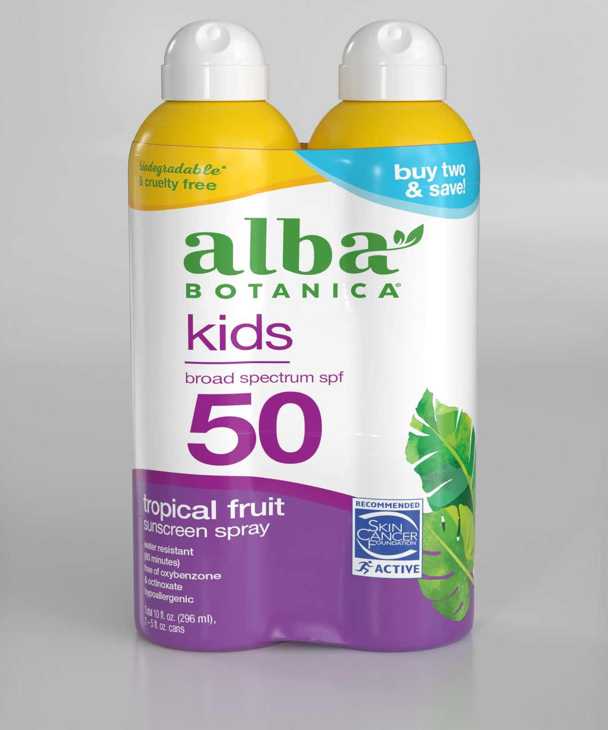 Alba Botanica Kids Sunscreen Spray Spf 50, Tropical Fruit, Water Resistant, 5 Oz (Pack Of 2)