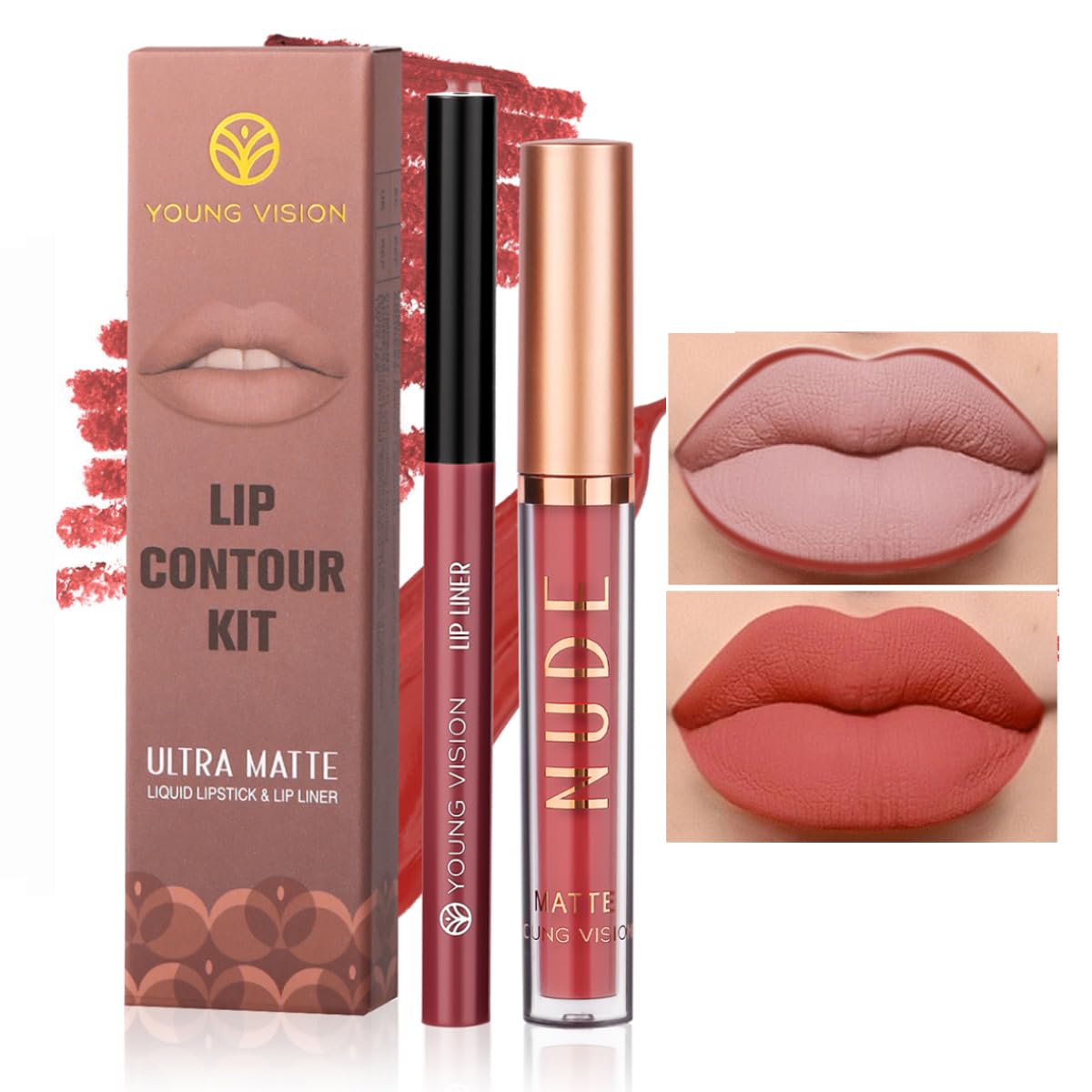 Young Vision Matte Liquid Lipstick & Lip Liner Set - Waterproof Lip Contour Kit, 0.07 Oz