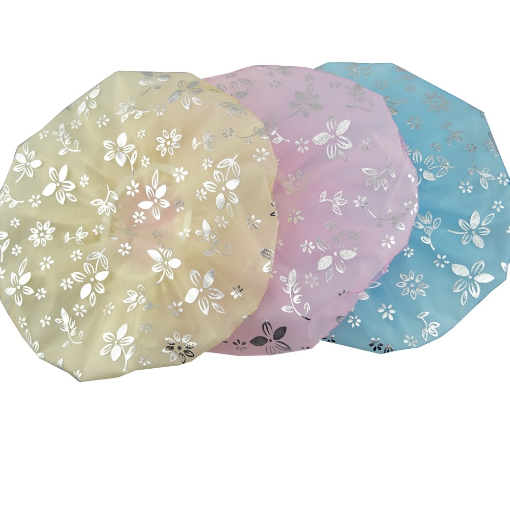 Yueton Waterproof Shower Cap - 3 Pack, Elastic Double Layers For Bath, Spa & Makeup