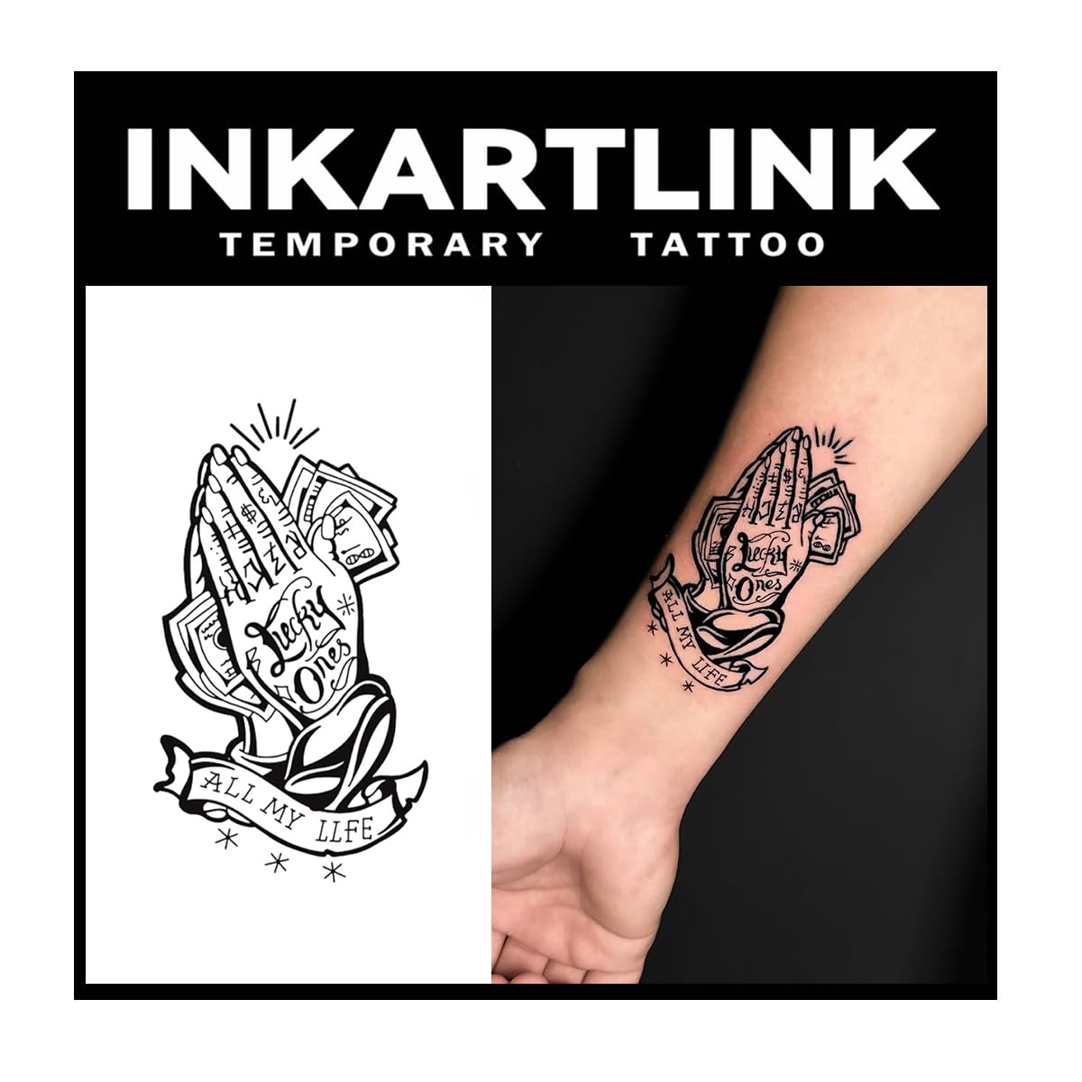 Inkartlink Large Semi-Permanent Waterproof Tattoos - Realistic Adult Art Designs (Lucky Prayer)