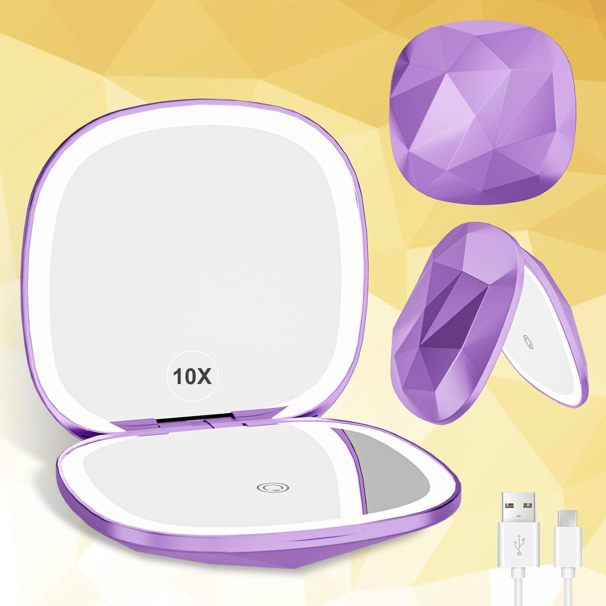 Elidora Purple Compact Mirror With Light, 1X/10X Magnifying, Rechargeable Travel Makeup Accessory