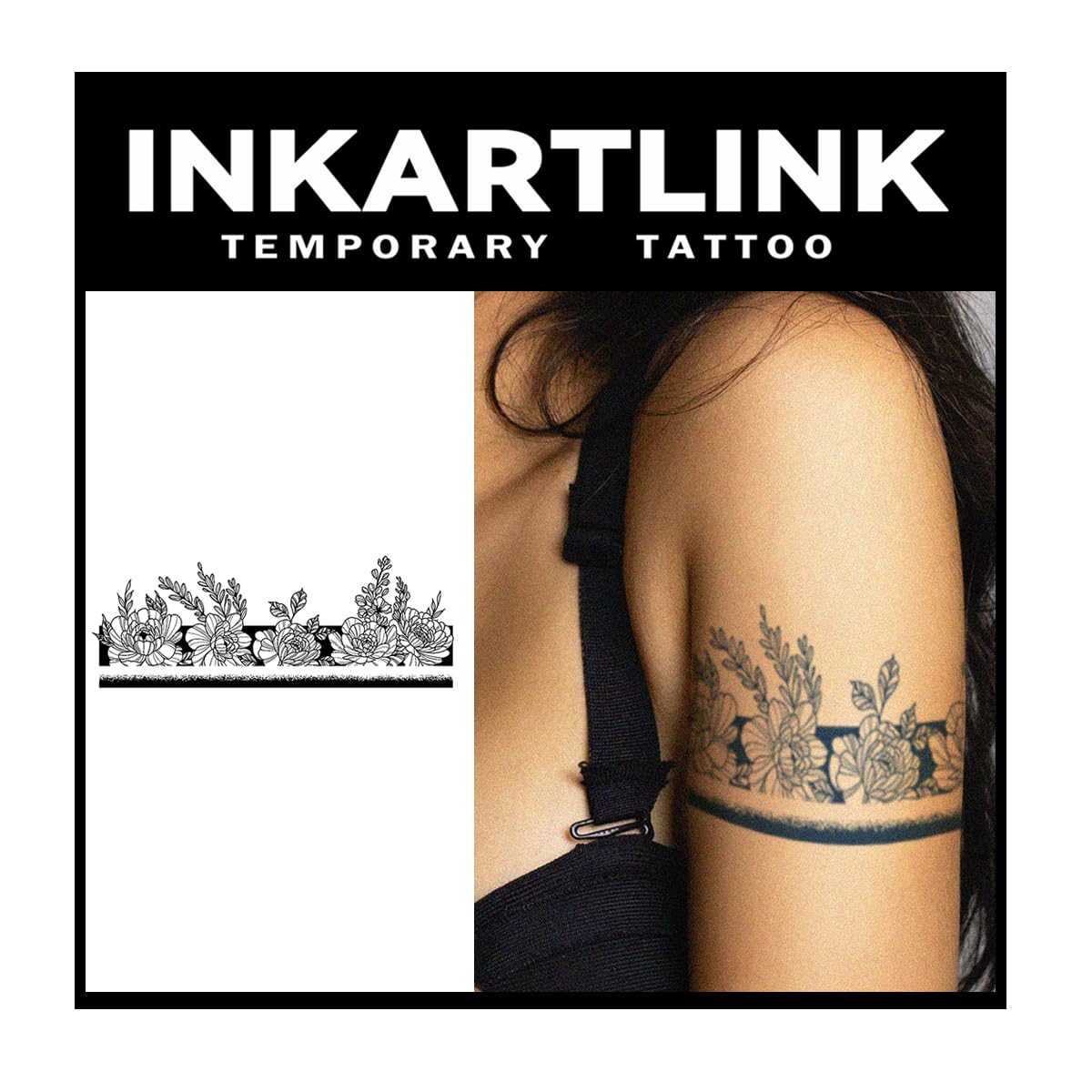 Inkartlink Large Semi-Permanent Tattoo - Flower Cluster Armlet Design, Waterproof, Realistic Look