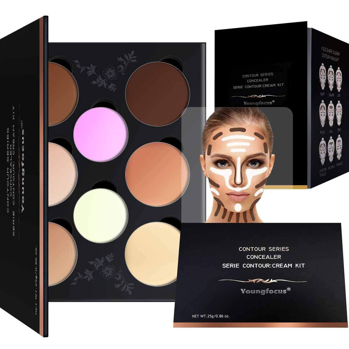 Youngfocus 8 Color Cream Contour & Highlight Makeup Kit - Vegan, Cruelty Free, Step-By-Step Guide