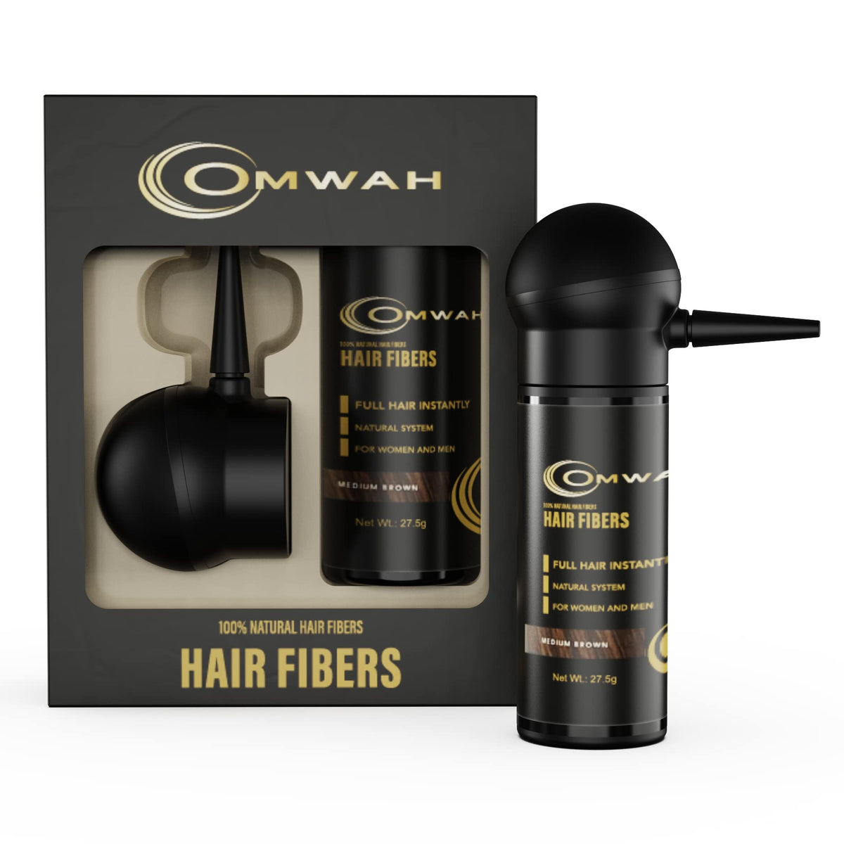 Omwah Natural Hair Fibers 2-In-1 Kit - Medium Brown, 27.5G, Spray Applicator For Th