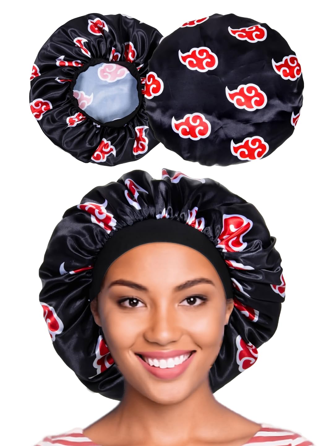 Crown Red Black Cloud Satin Bonnet - Silky Design With Elastic Band For Women, 18 Years