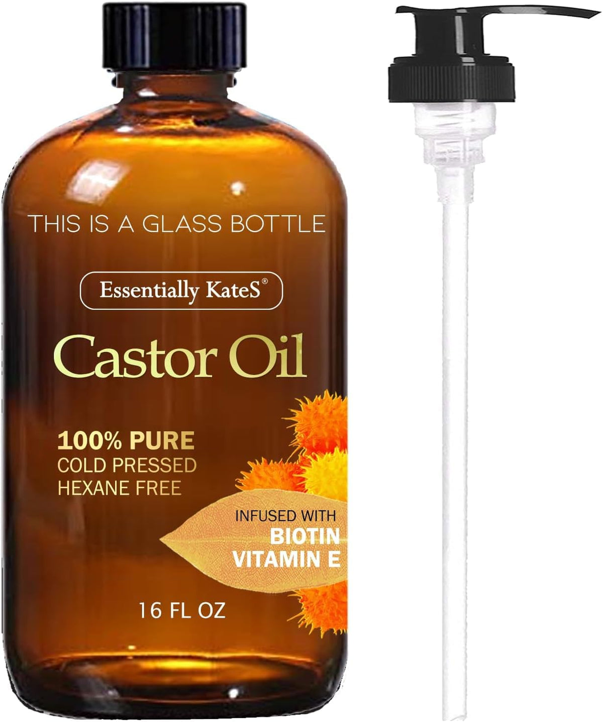 Essentially Kates Castor Oil 16 Fl Oz - Biotin & Vitamin E, 100% Pure, Cold Pressed Hair &