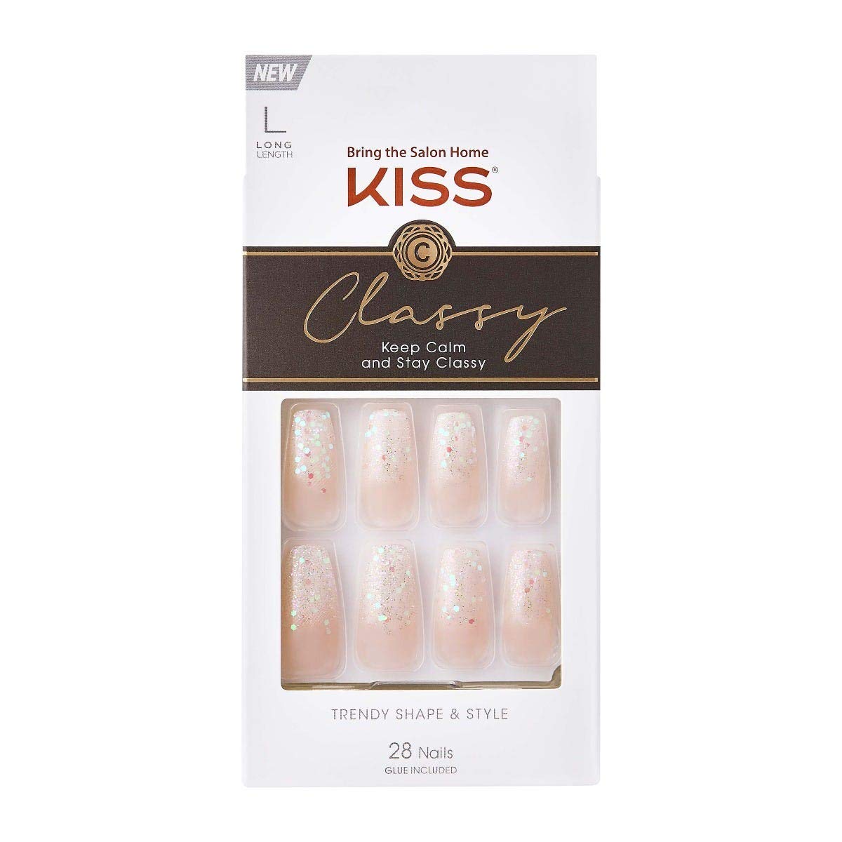 Kiss Classy French Nail Manicure Kit, Coffin Shaped Gel Nails, Pink, 28 Fake Nails, Glue Included