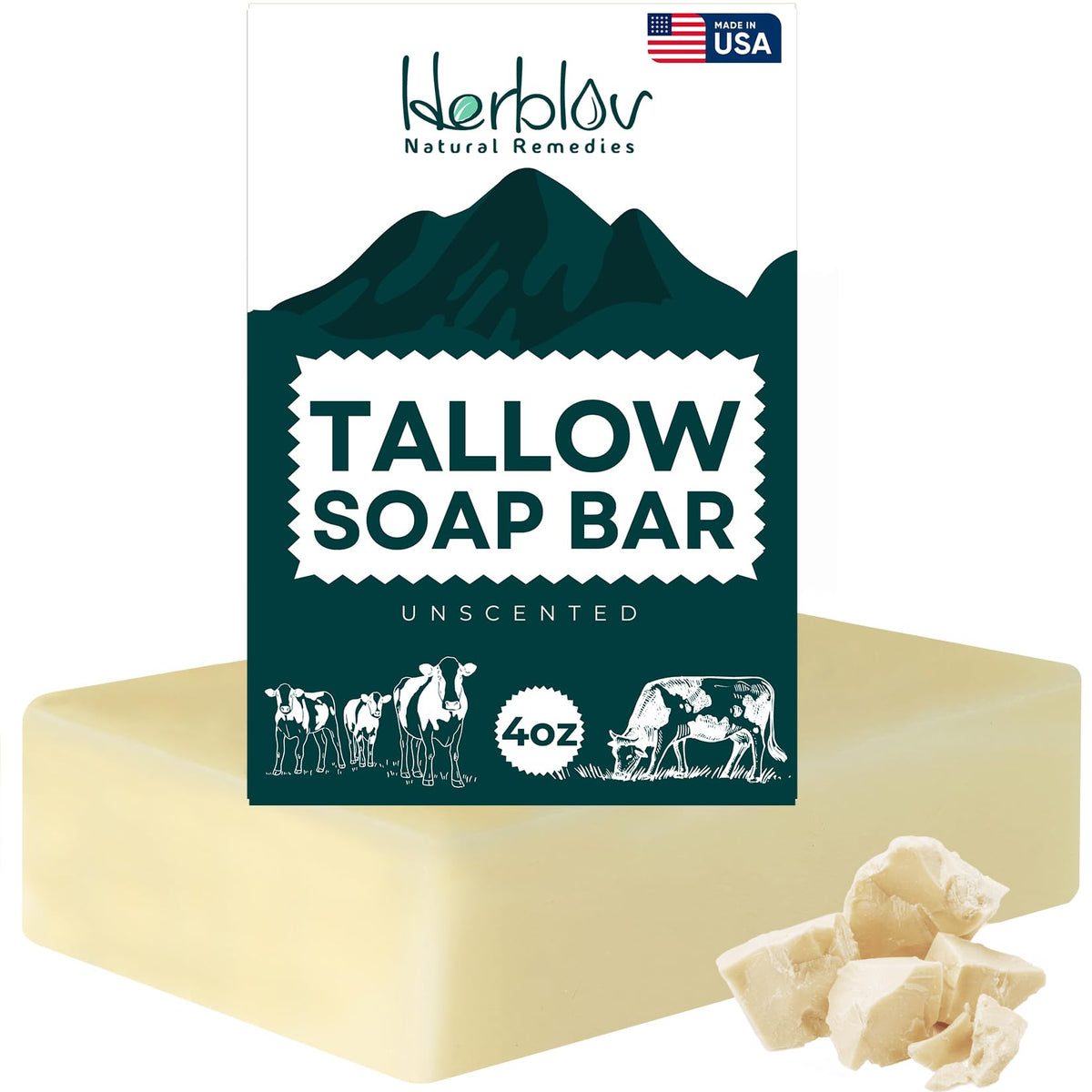 Herblov Beef Tallow Soap Bar - Unscented Moisturizing Soap For Eczema & Sensitive Skin, 4 Oz