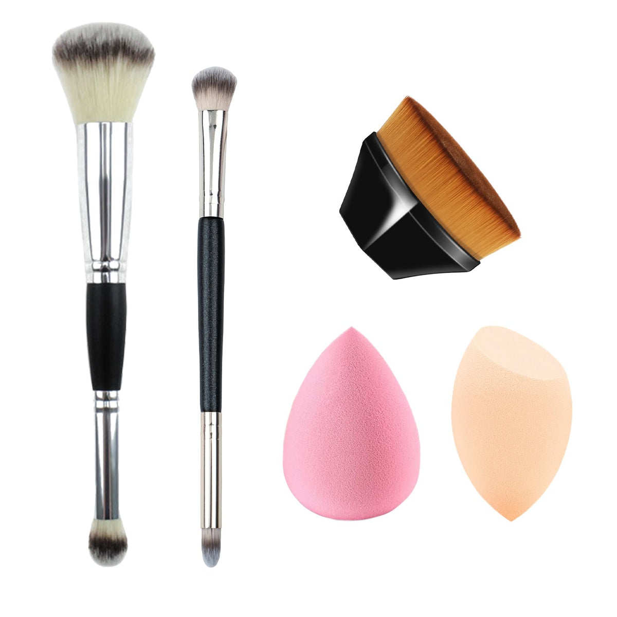 Sokfone Pink Makeup Brush Set - 5 Professional Blending Brushes & Sponges For Face & Eyeshadow