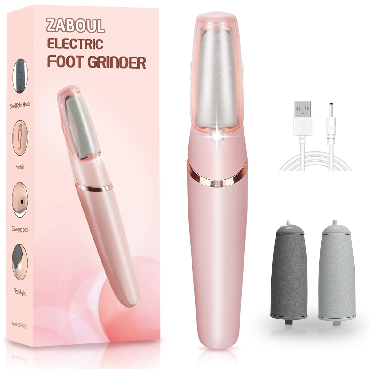 Zaboul Electric Foot Callus Remover - Smooth Pedicure Wand For Dry Skin - Rechargeable, Pink