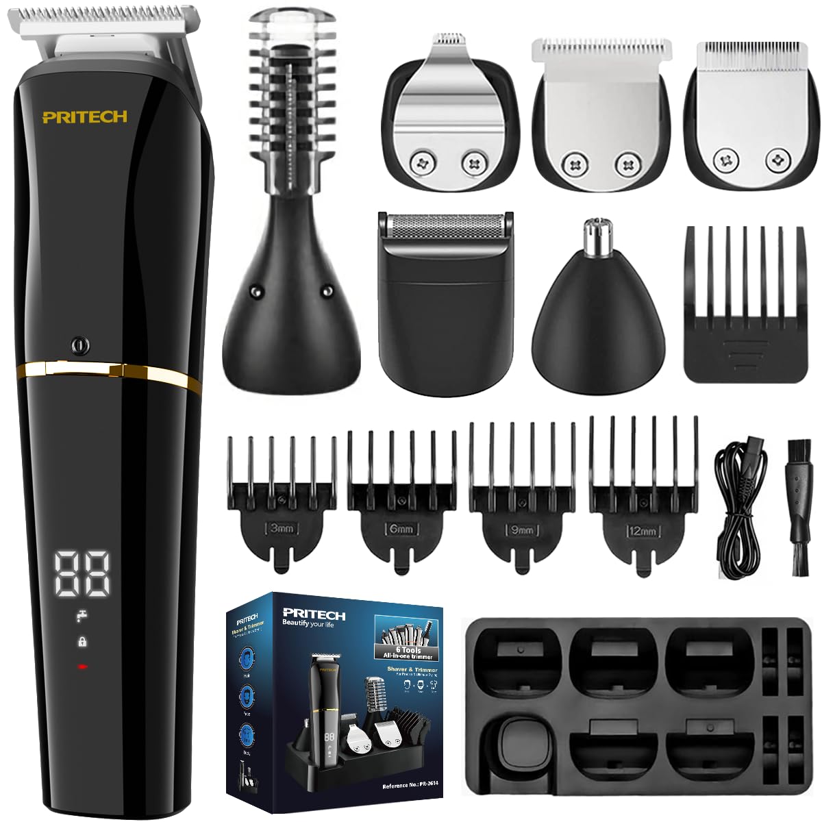 Pritech 6-In-1 Beard Trimmer Kit For Men, Waterproof Electric Grooming & Precision Razor - Black