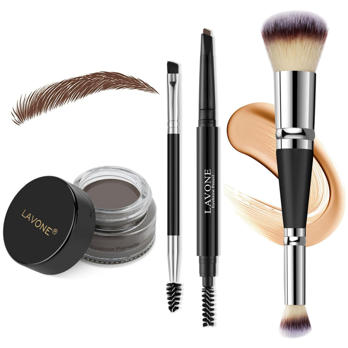 Lavone Eyebrow Pencil Makeup Kit - Waterproof Pencil, Pomade, Brushes, Ebony, 1 Count