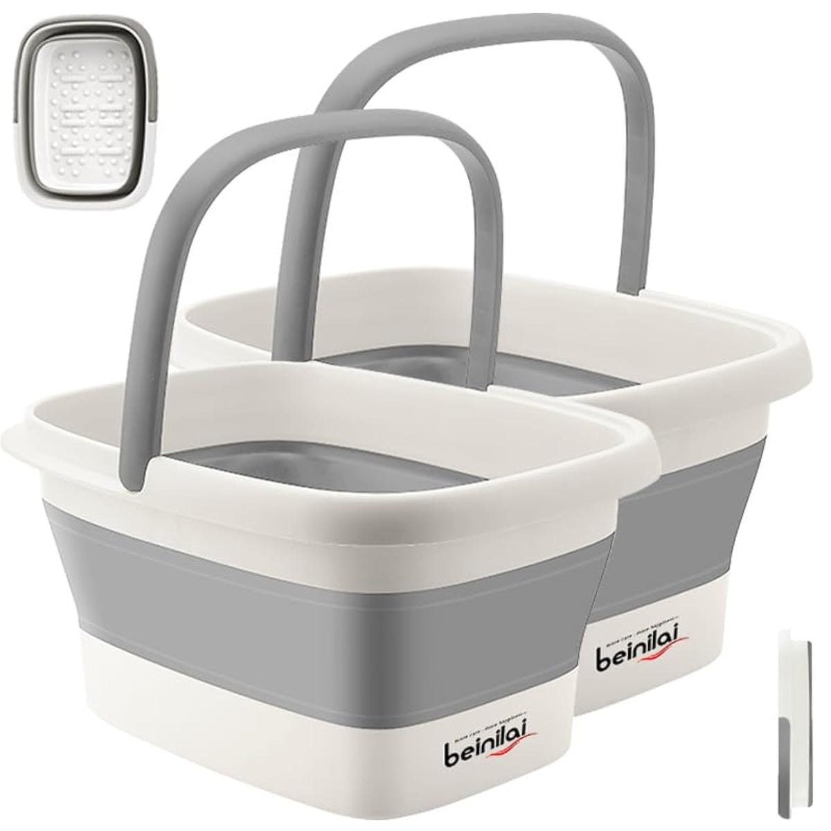 Beinilai Collapsible Foot Bath Basin Set, Gray Foot Soak Tub With Handles - 2 Pack