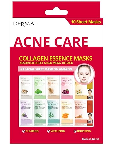 Dermal Acne Care Collagen Essence Masks - 10 Pack Assorted Korean Face Masks For Skin Concerns