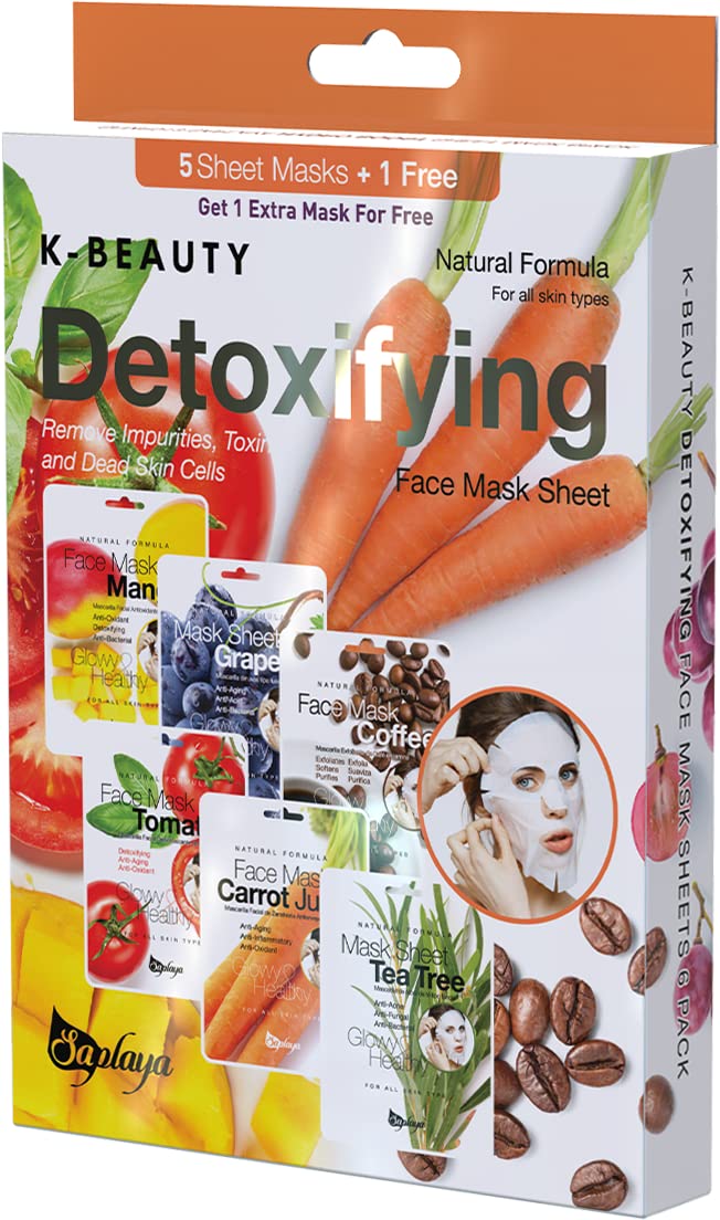 Saplaya K-Beauty Detoxifying Face Sheet Masks, 6 Count - Mango, Grapes, Coffee, Tomato, Carrot,