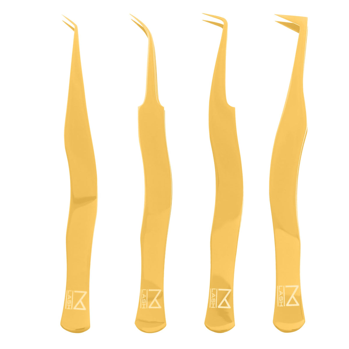 M LASH Eyelash Tweezers Set of 4 - Professional Japanese Steel with Diamond Grip - Gold