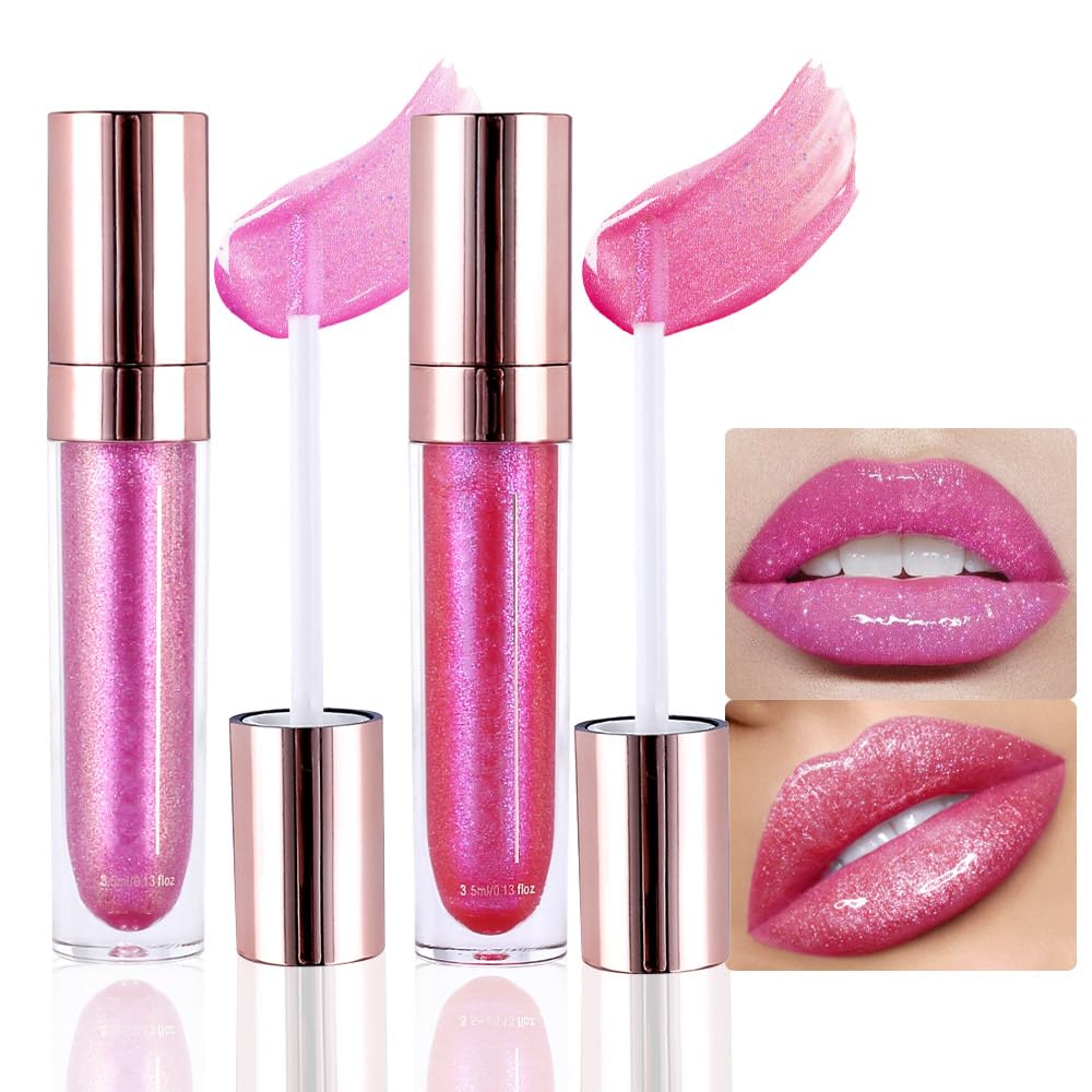 Evpct 2Pcs Shimmer Glitter Lipstick Set - Waterproof Metallic Lip Gloss Tint For Women