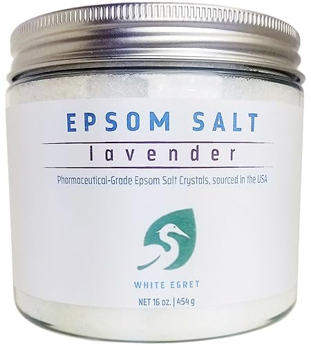 White Egret Lavender Epsom Salt, Pharmaceutical Grade, 16 Ounce, Relaxing Bath Soak