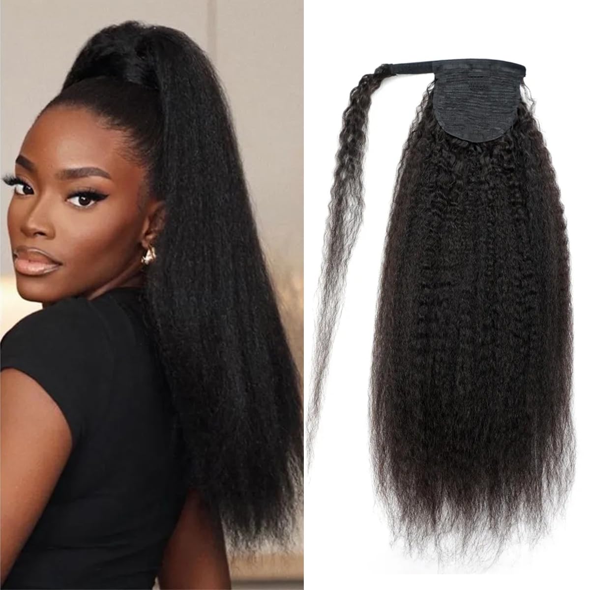 Kislemon 22&quot; Kinky Straight Ponytail, Human Hair Wrap Around Clip-In, Natural Black