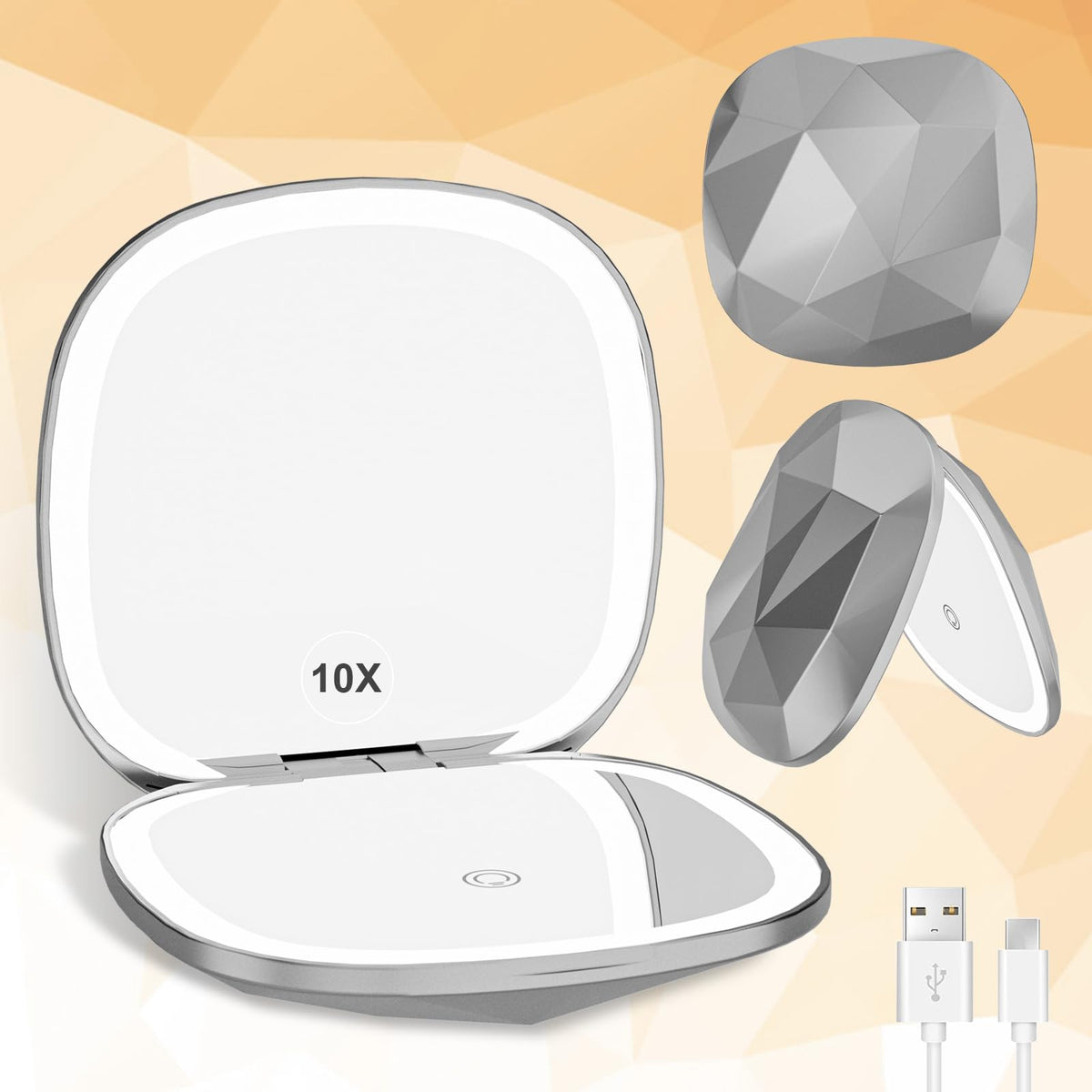 Elidora 1X/10X Compact Mirror With Light - Rechargeable Travel Makeup Mirror For Women, Argent