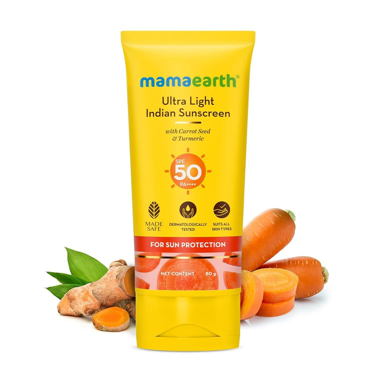 Mamaearth Ultra Light Spf 50 Sunscreen, Broad Spectrum Protection, Moisturizes With Turmeric, 80Ml