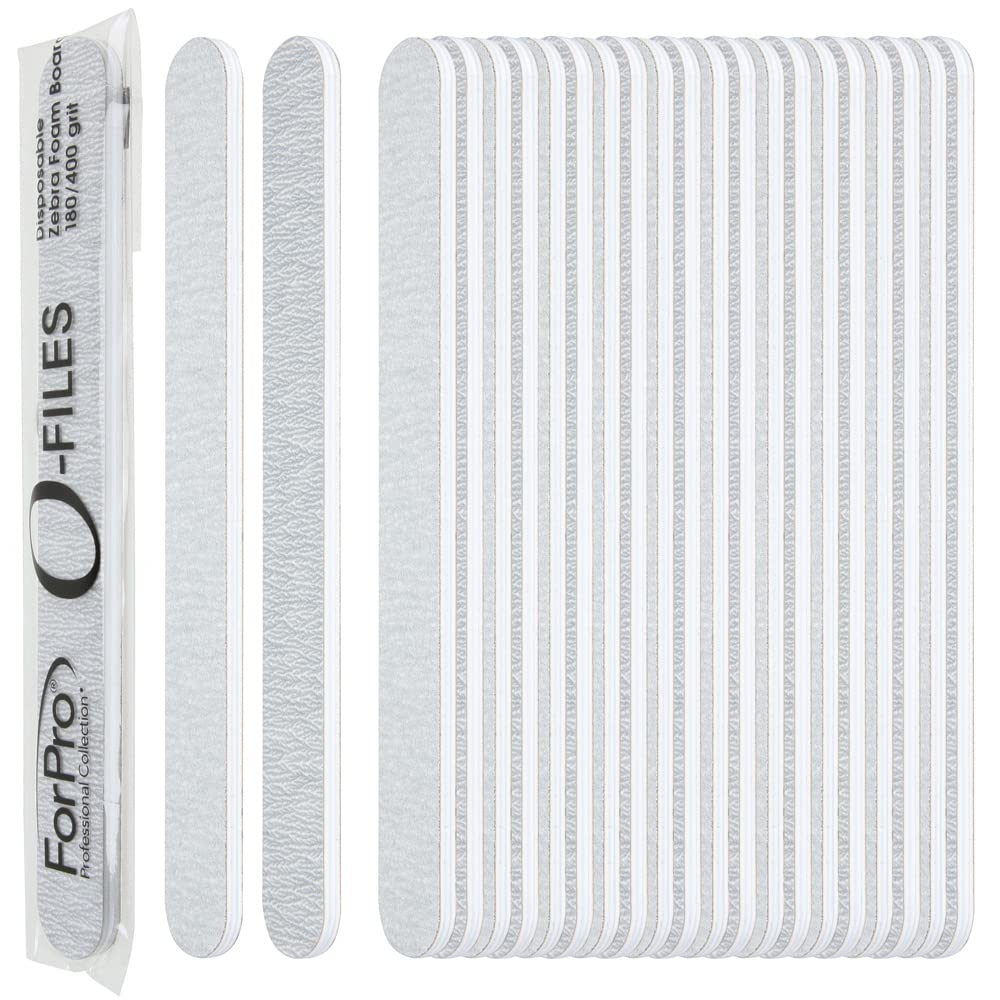 Forpro O-Files Double-Sided Foam Board Nail File, 180/400 Grit, Zebra, 100-Count