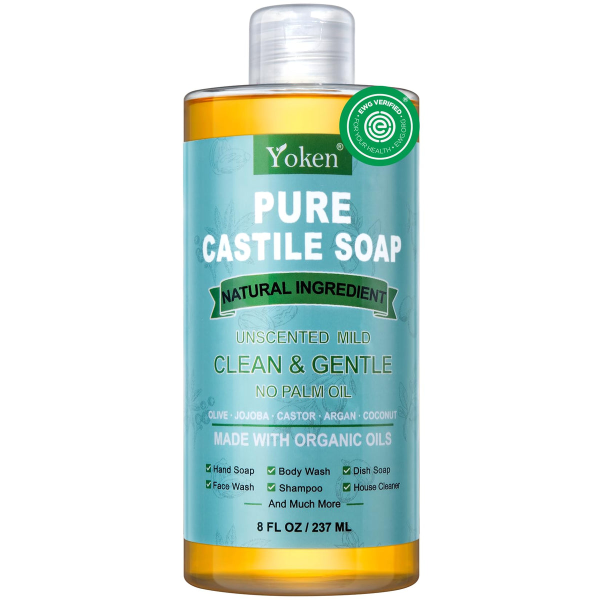 Yoken Organic Pure Castile Soap Liquid, Unscented 8 Oz, Ewg Verified, Vegan, Travel Size