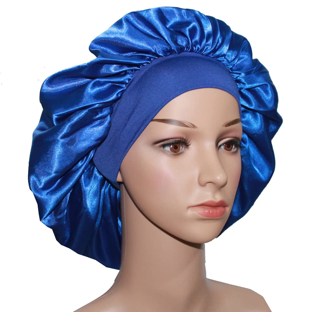 Veyrneic Royal Blue Silk Hair Bonnet For Sleeping & Shower - Wide Elastic Band, One Size